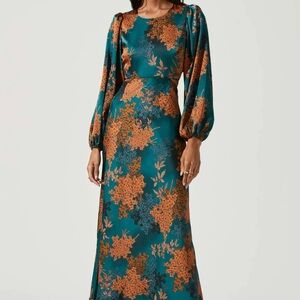 Astr Quinn Floral Teal and Orange Long Sleeve Dress